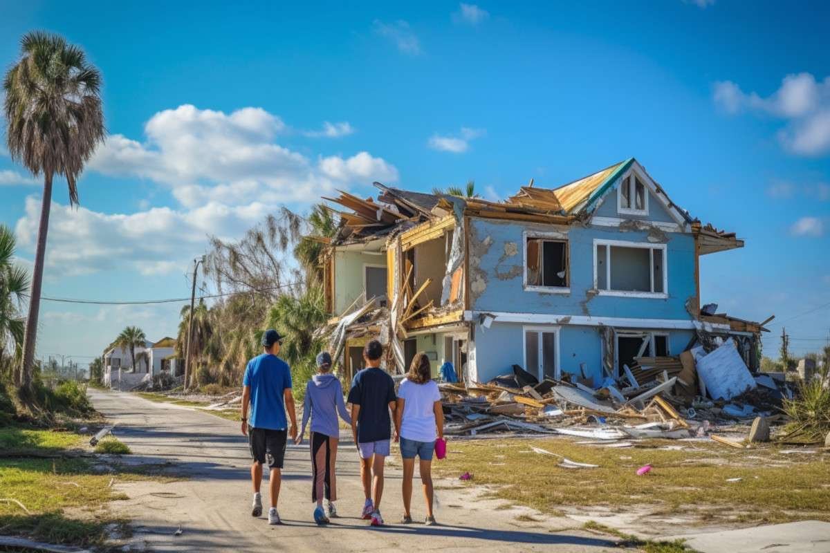 Picture of family viewing the damage to their home after a hurricane