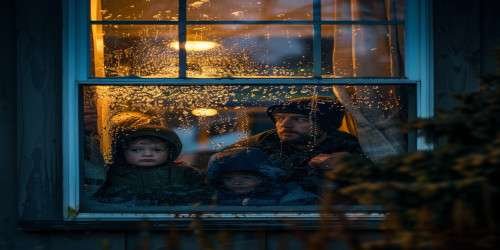 Family Looking Outside During a Flood