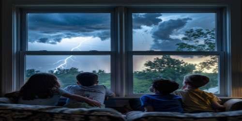 Family Looking Out of the Window During a Hurricane